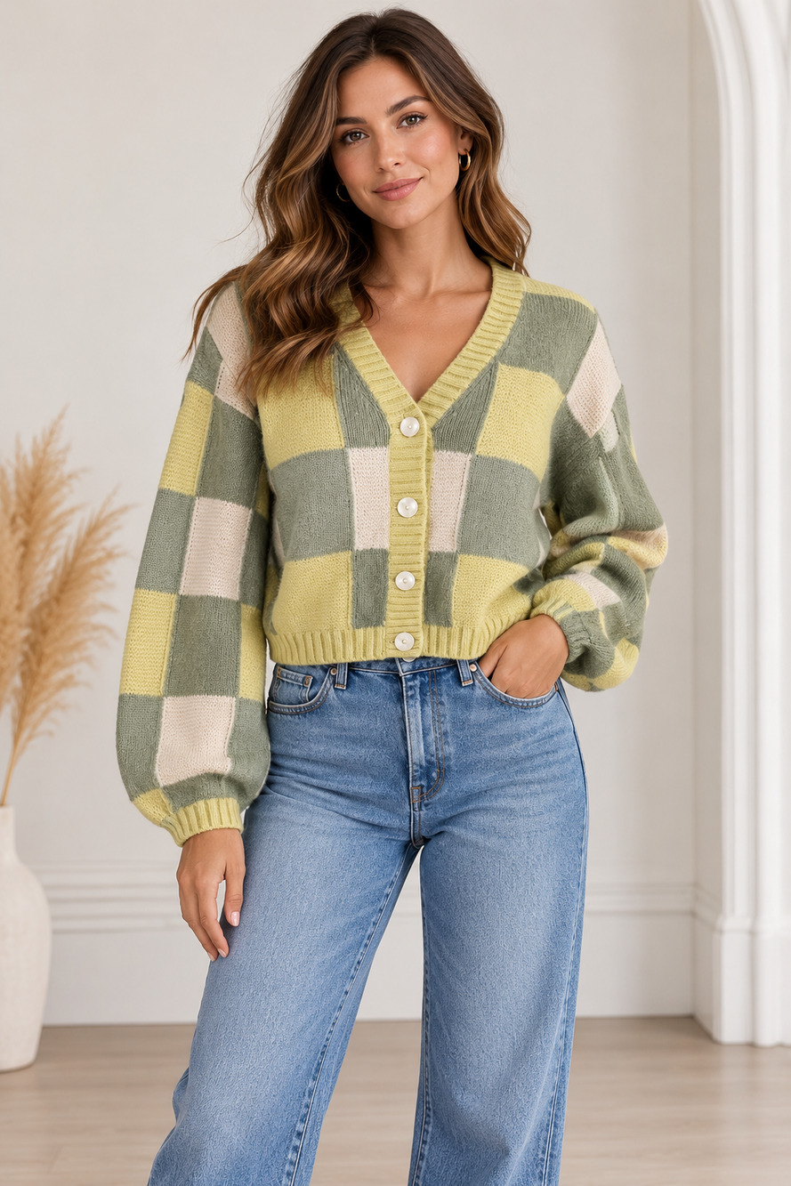 & Other Stories Wool Camel Hair Check Cardigan M Cropped Oversized Green Yellow